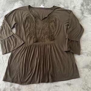 J. Jill Olive Green Embroidered Shirt Top Blouse Peasant Boho LARGE Cotton Modal